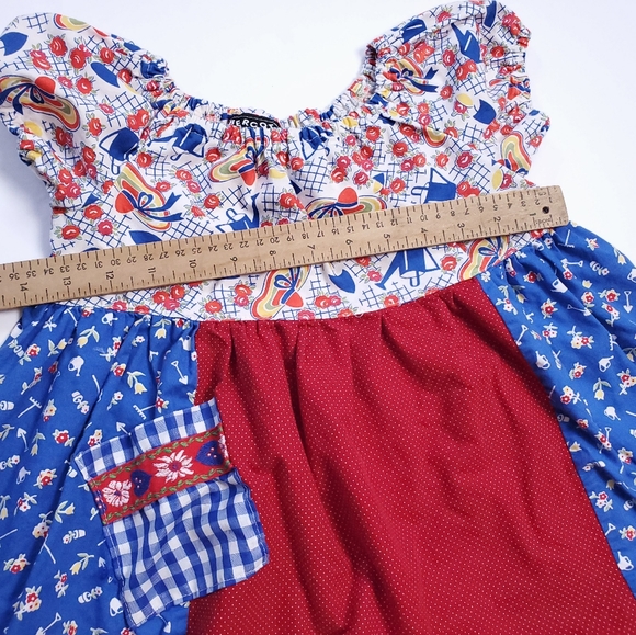Vintage Bercot Garden Girls Puffed Sleeve Dress Size 5 Red Blue Floral Cotton - Picture 10 of 11